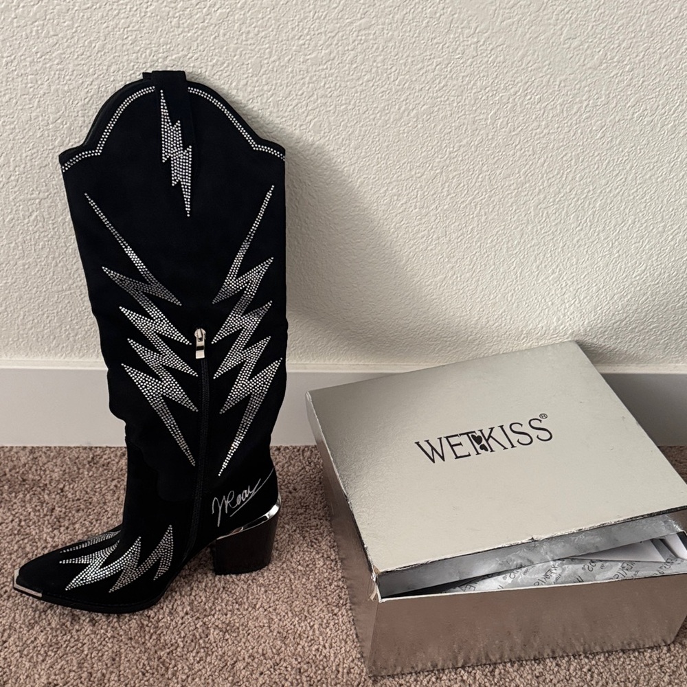 Kiss Black Suede Western Boots with Silver Studded Lightning Design